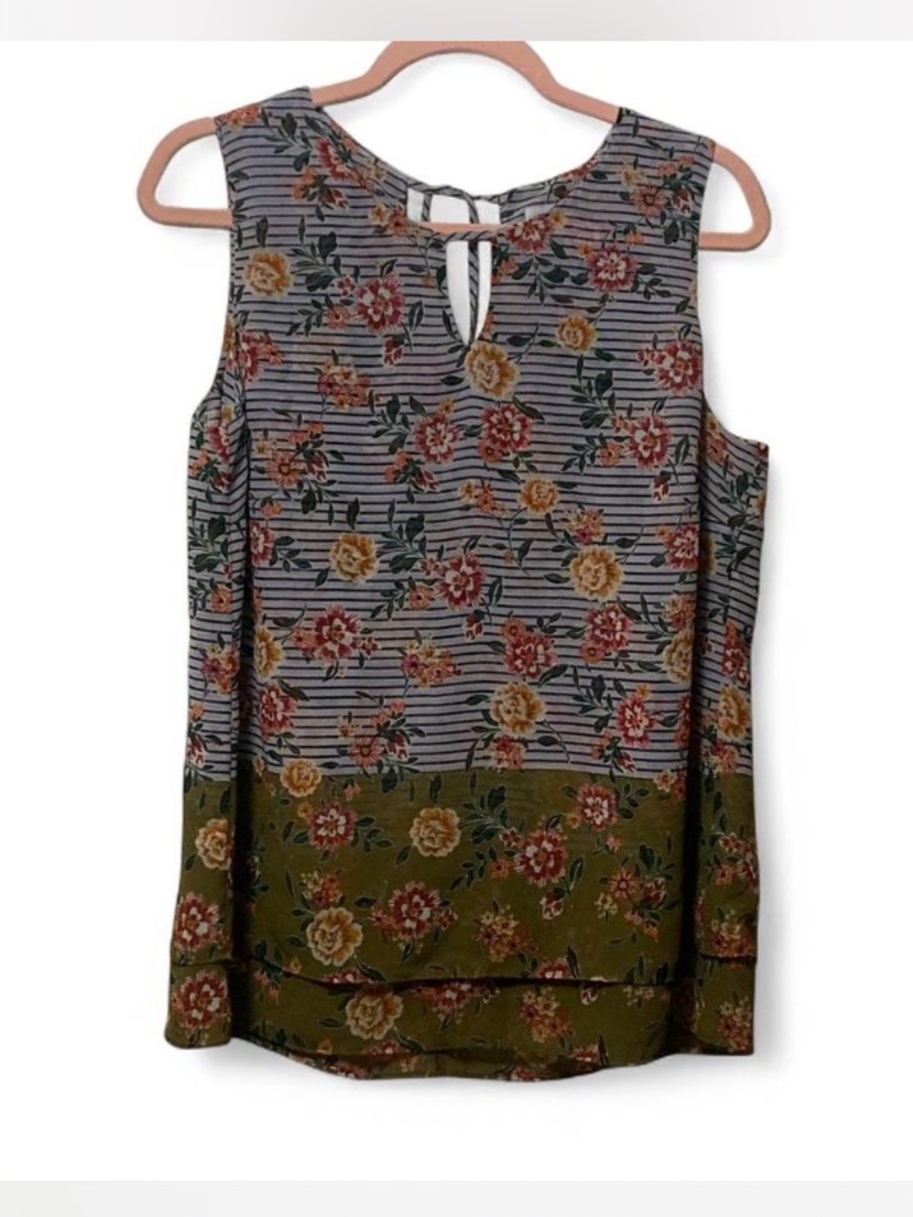 CAbi Sleeveless Floral Stripe Keyhole Top in Olive and Gray